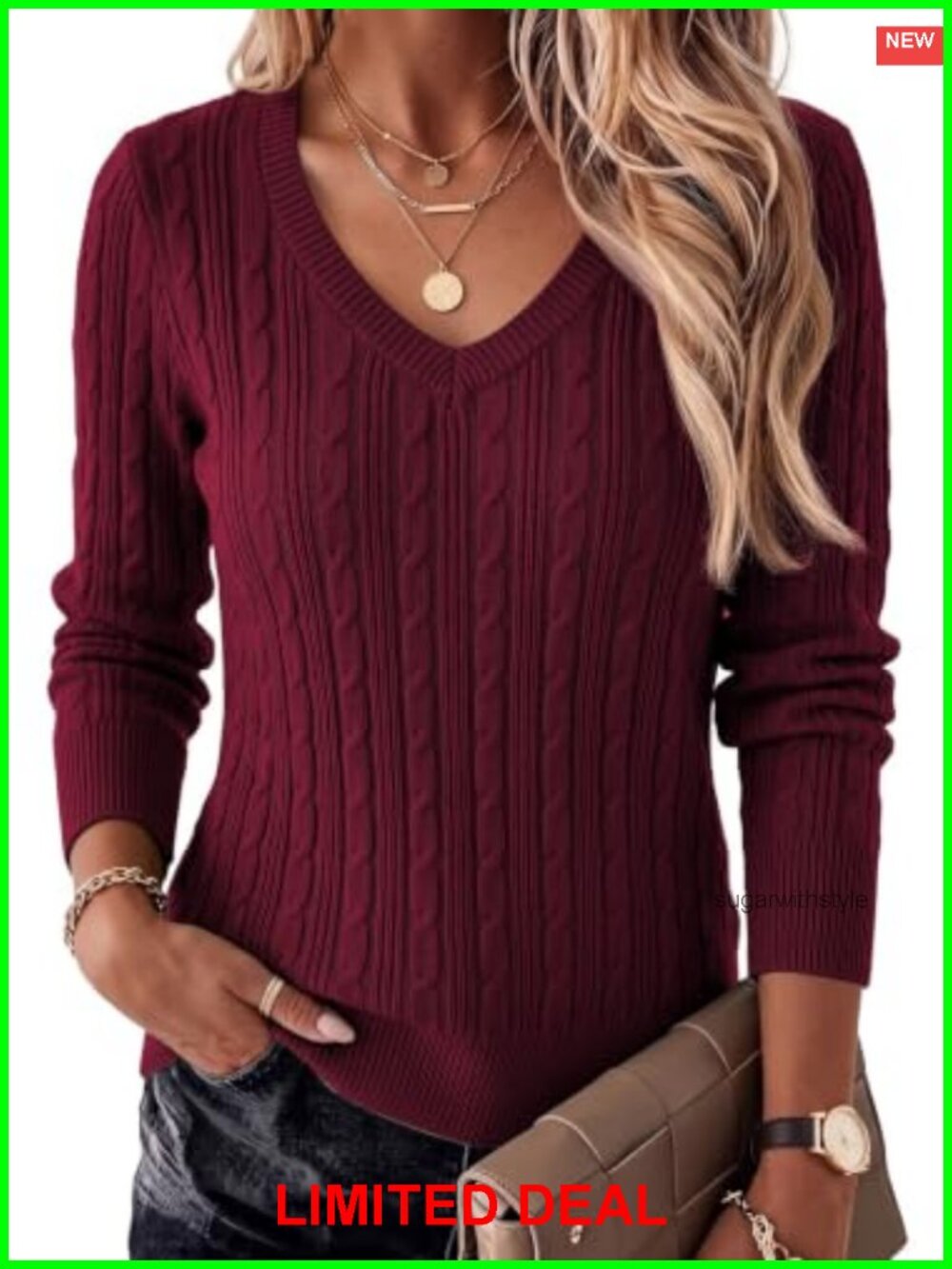 Womens V Neck Cable Knit Sweater Lightweight Business Casual Pullover Fall